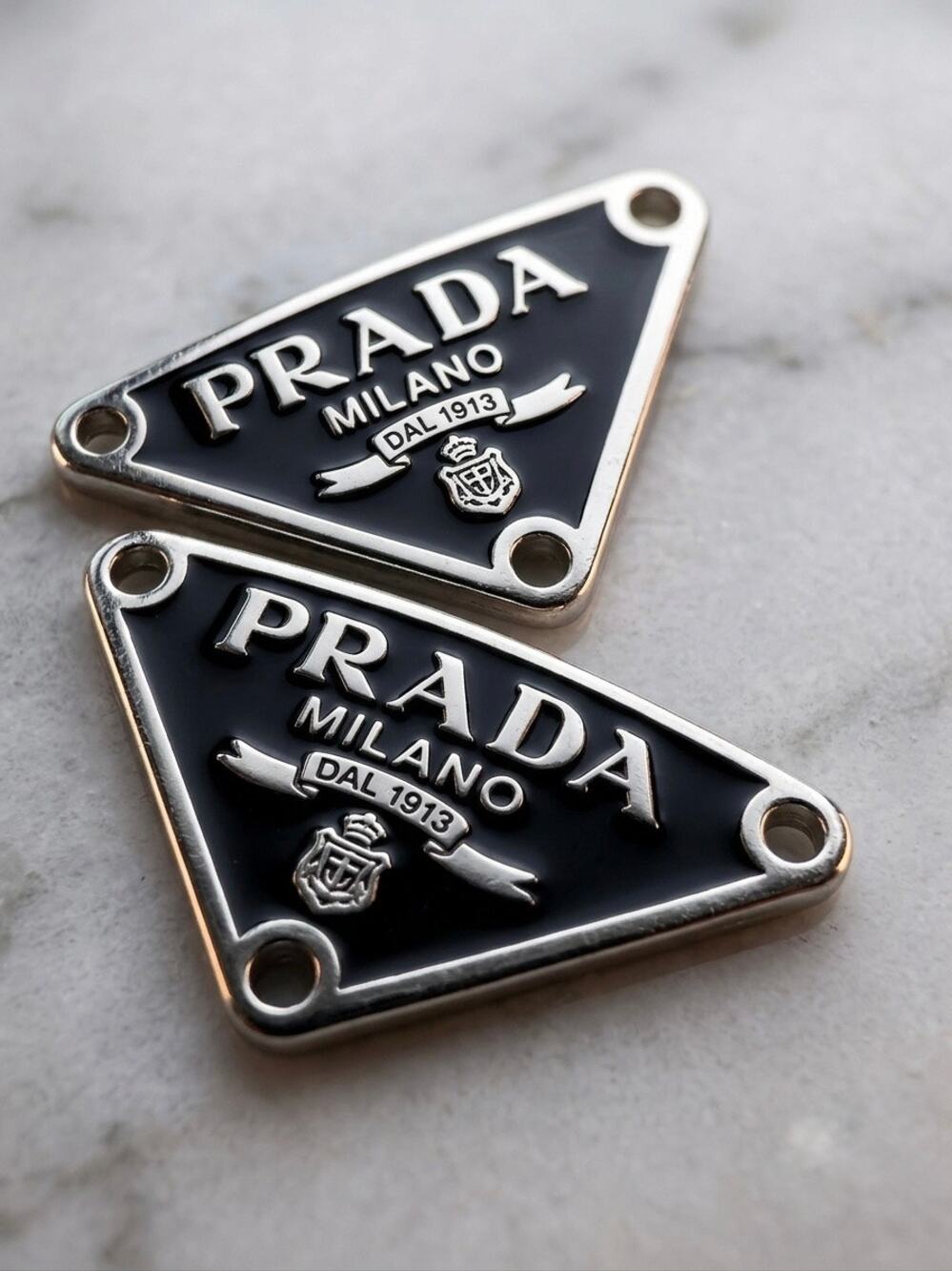 Prada Black Enamel Triangle Logo Emblems Hardware Replacement upcycle